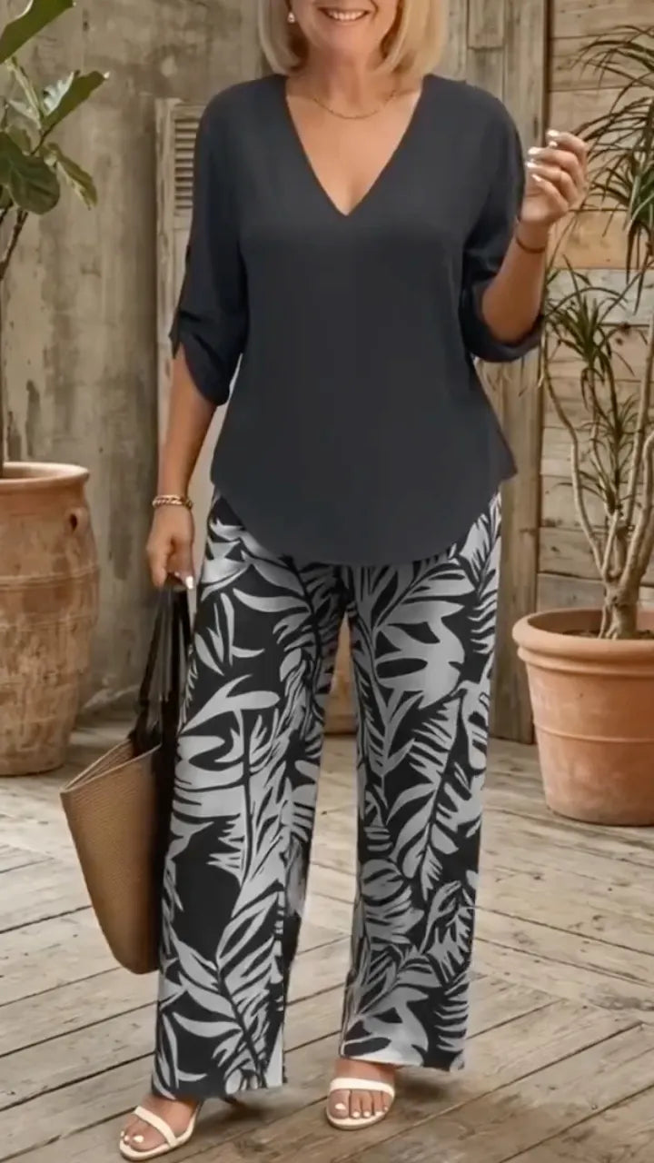 V Neck Top & Tropical Leaf Print Wide Leg Pant Two Piece