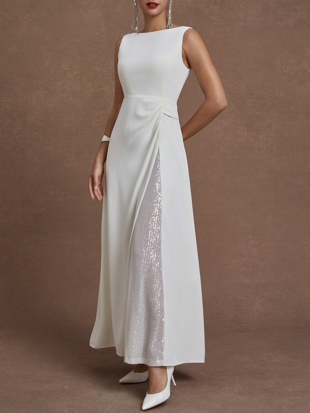 White Sequin Classic Boat Neck Sleeveless A-Line Maxi Dress