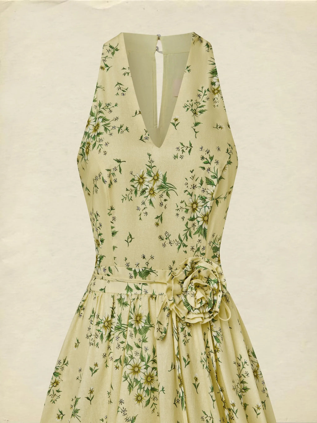 Maxi Cotton Dress, Sleeveless, V Neck, Floral, 3D Floral (Detachable), Vacation, Vintage, Yellow