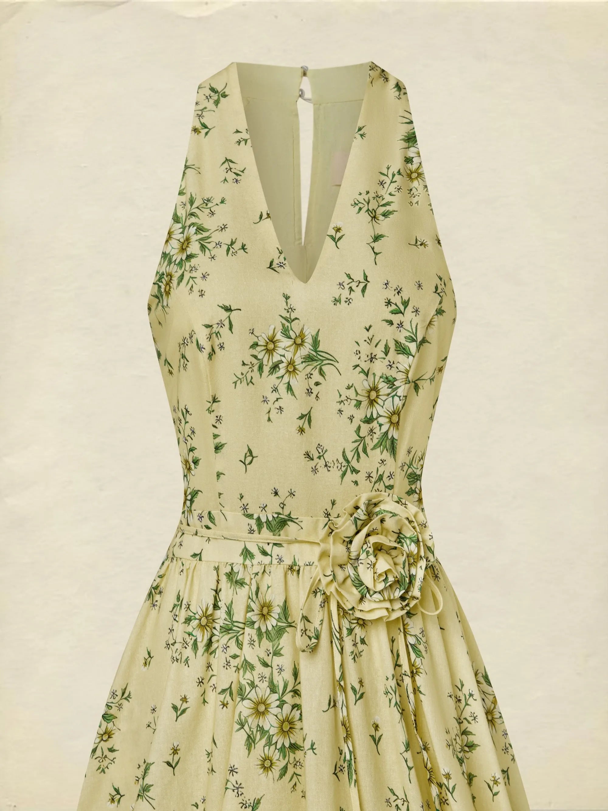 Maxi Cotton Dress, Sleeveless, V Neck, Floral, 3D Floral (Detachable), Vacation, Vintage, Yellow