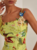 Yellow Floral Applique Spaghetti Mermaid Midi Dress