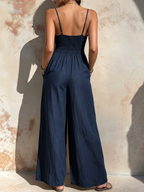 Navy Blue Tencel Denim Smocked Waist Wide-Leg Jumpsuit