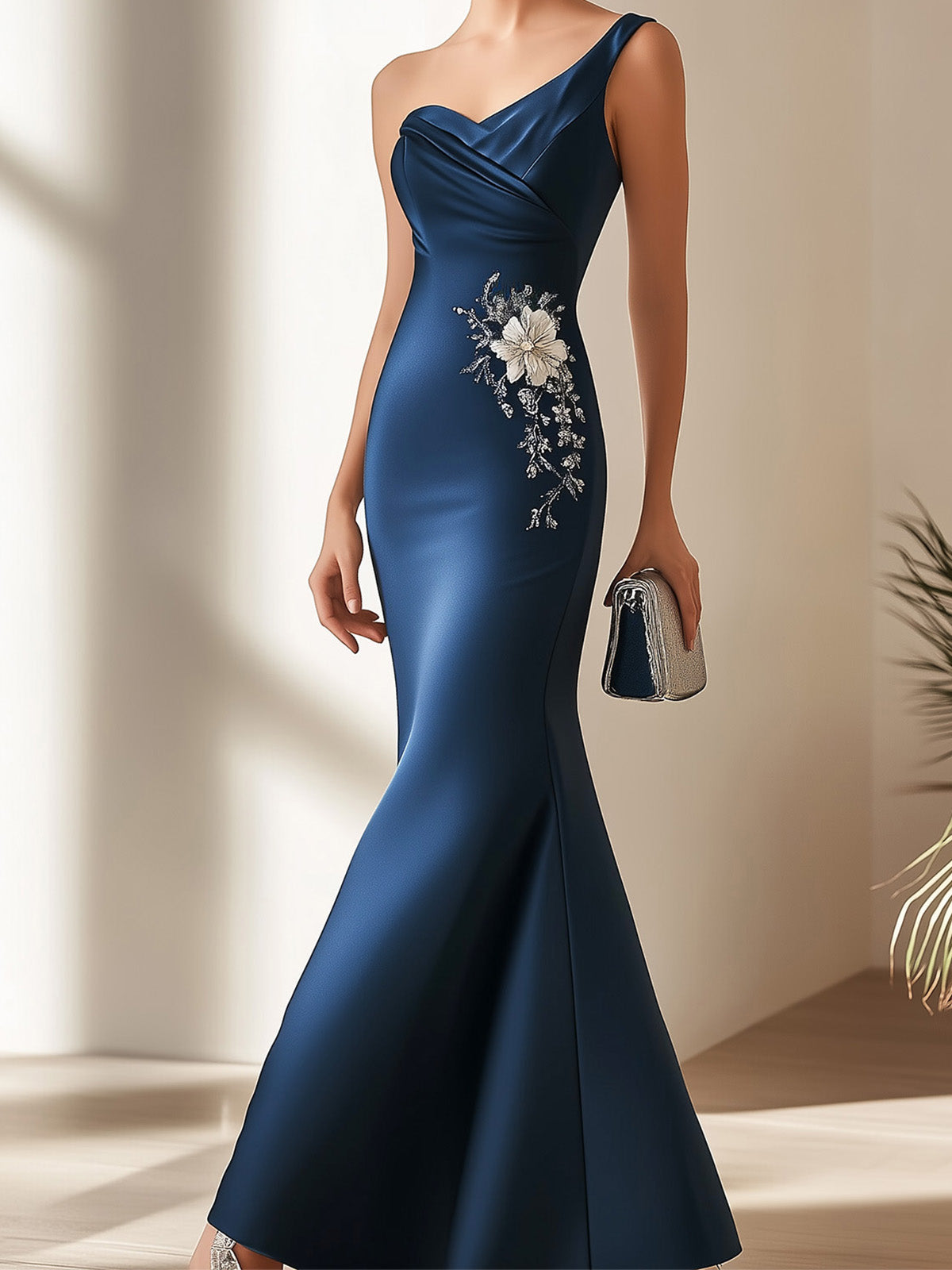Navy Blue Satin Gown with Side Embroidery and Pleated Hem