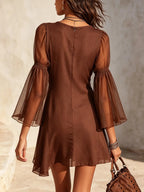 Brown Sheer Bell Sleeve Cotton-Linen Mini Dress