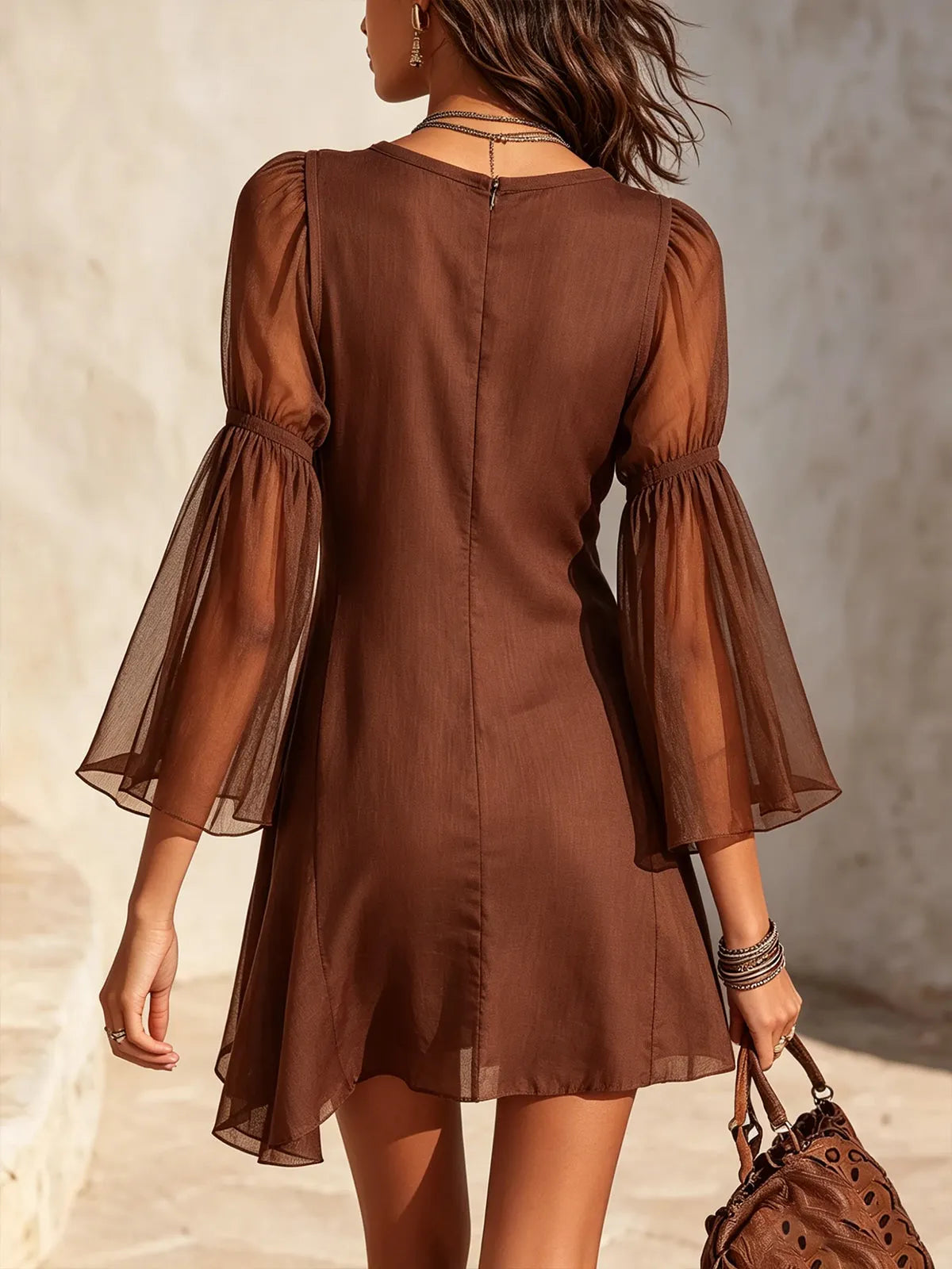Brown Sheer Bell Sleeve Cotton-Linen Mini Dress