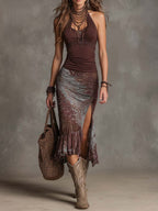 Bohemian Retro Print Halter Lace Trim Midi Dress