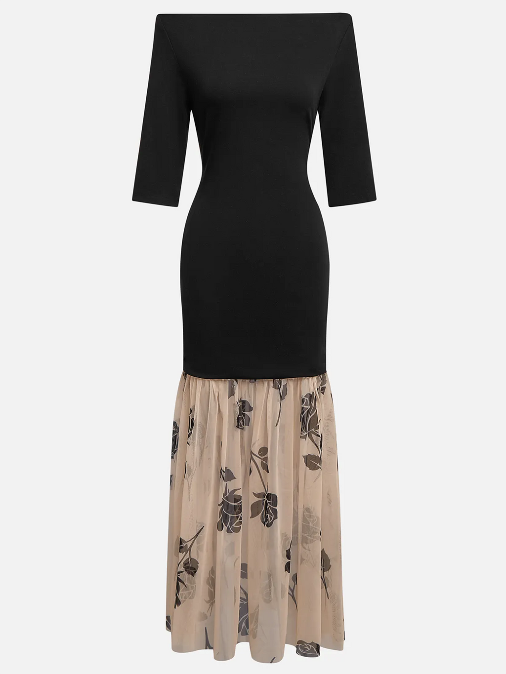 Black Floral Rose Knit Off The Shoulder Half Sleeve Mermaid Maxi Dress