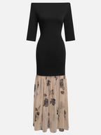 Black Floral Rose Knit Off The Shoulder Half Sleeve Mermaid Maxi Dress