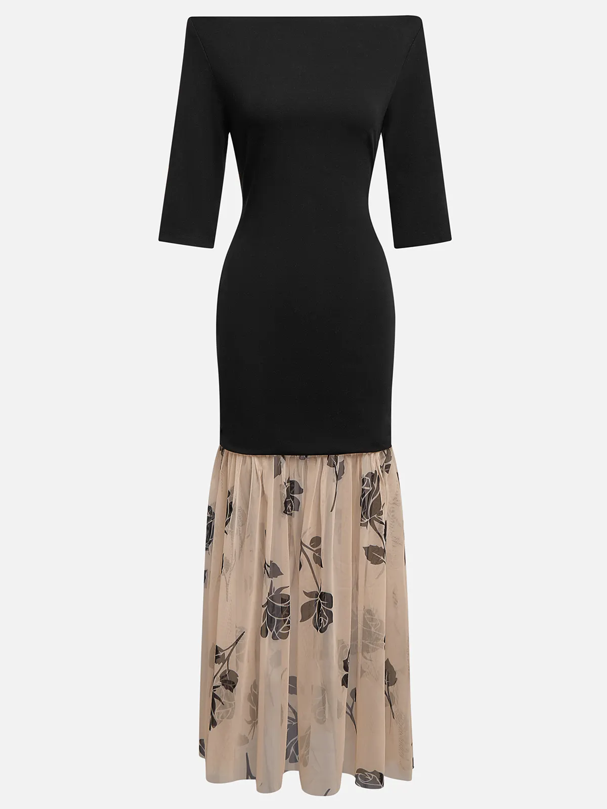 Black Floral Rose Knit Off The Shoulder Half Sleeve Mermaid Maxi Dress
