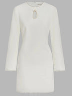 White Faux Pearl Cut Out Classic Crew Neck Long Sleeve Sheath Mini Dress