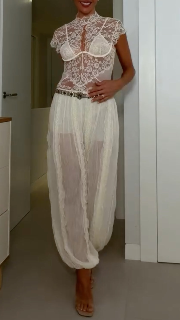 Lace Bodysuit & Sheer Ruched Harem Pants Outfit
