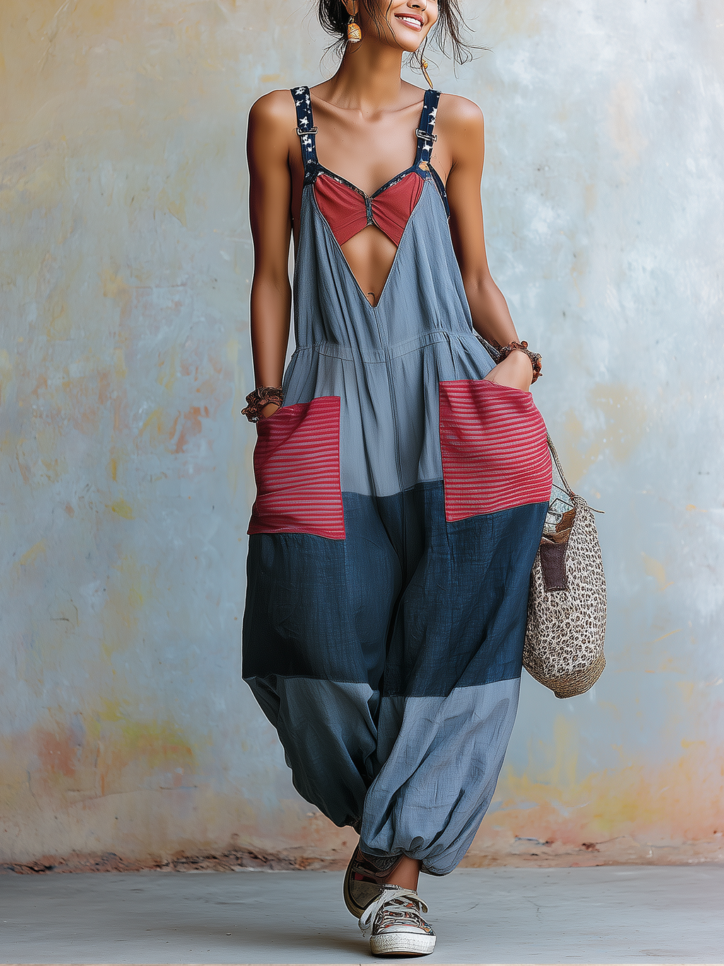 Bohemian Patchwork Harem Jumpsuit | Retro Star-Stripe Overalls
