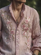 Men's Vintage Pink Cherry Blossom Embroidered Flowy Linen Shirt