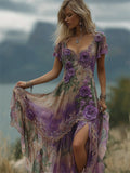 Boho Purple Roses Lace Dyed Flowy Maxi Dress