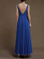 Blue Ruched V Neck Sleeveless A-Line Maxi Chiffon Bridesmaid Dress