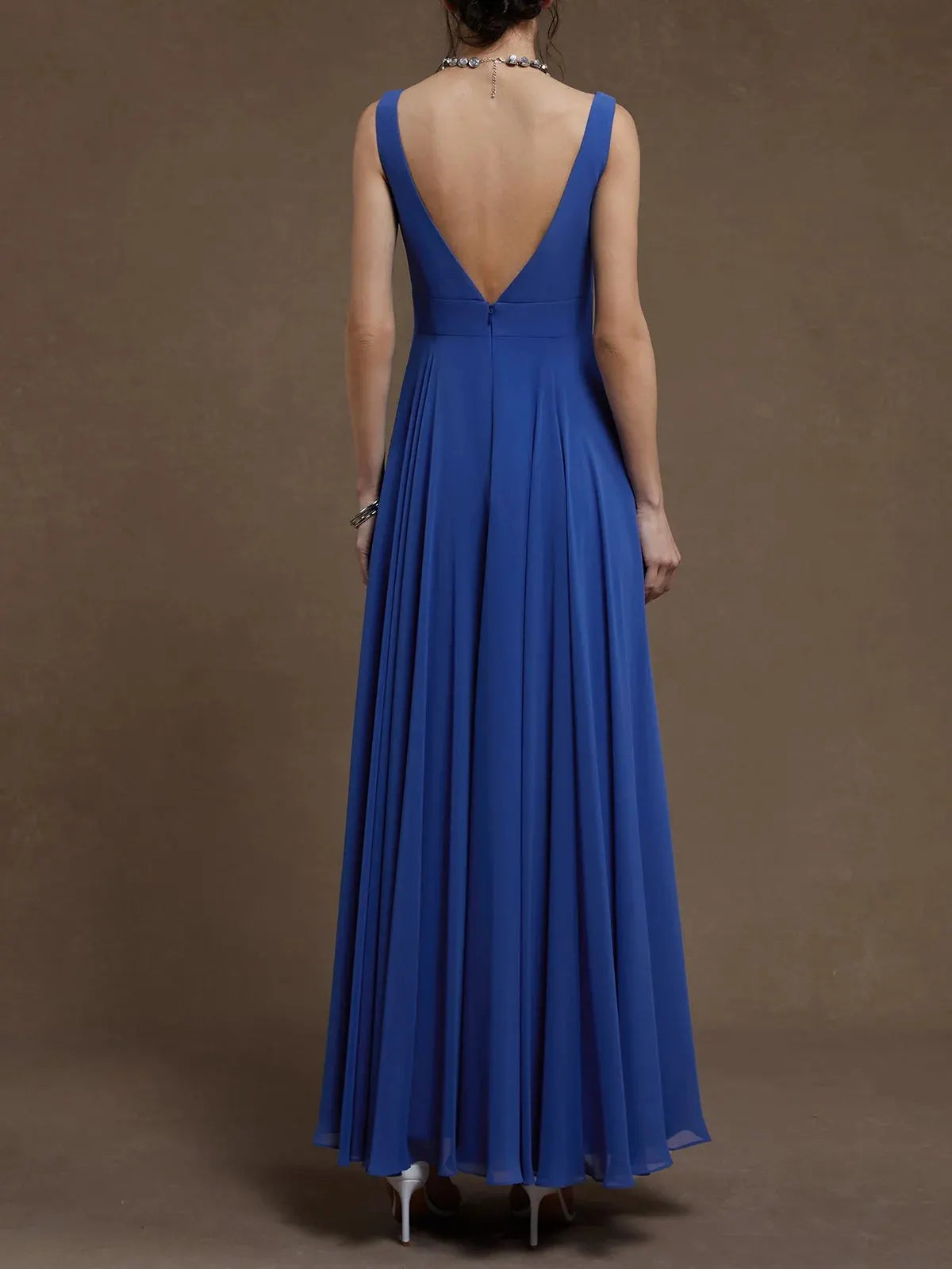 Blue Ruched V Neck Sleeveless A-Line Maxi Chiffon Bridesmaid Dress