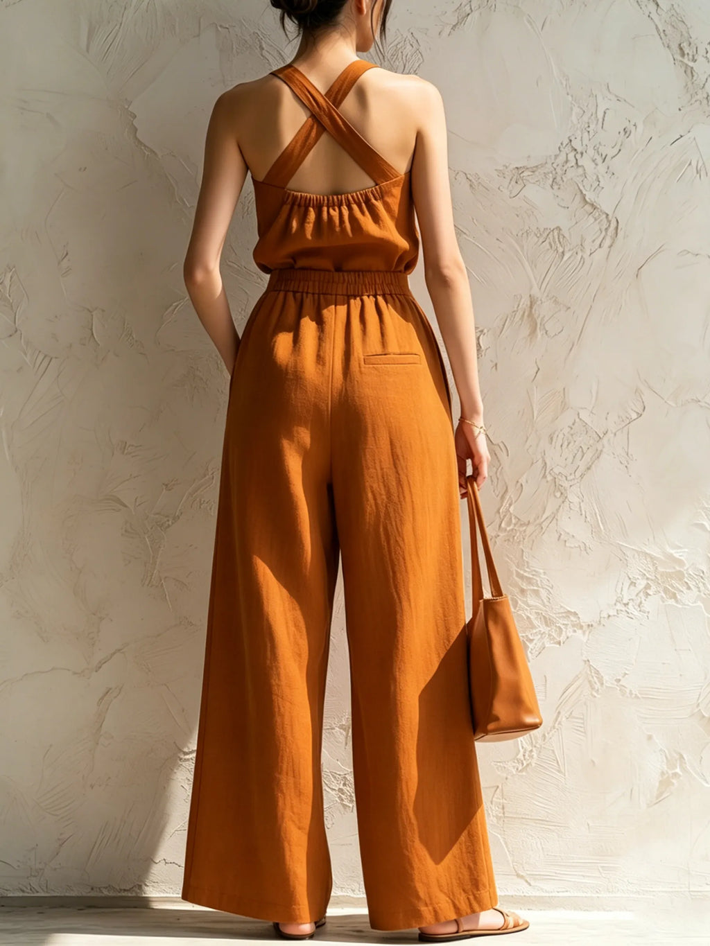 Burnt Orange Halter Neck Color Block Wide-Leg Jumpsuit