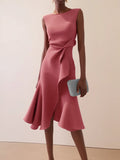 Pink Asymmetric Ruffled Classic Boat Neck Sleeveless A-Line Midi Dress