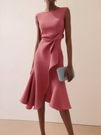 Pink Asymmetric Ruffled Classic Boat Neck Sleeveless A-Line Midi Dress