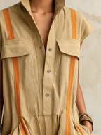 Stand Collar Striped Utility Jumpsuit
