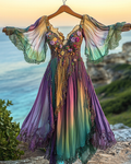 Summer Vacation Floral Embroidery Sequins Beaded Ruffle Dress 97c2