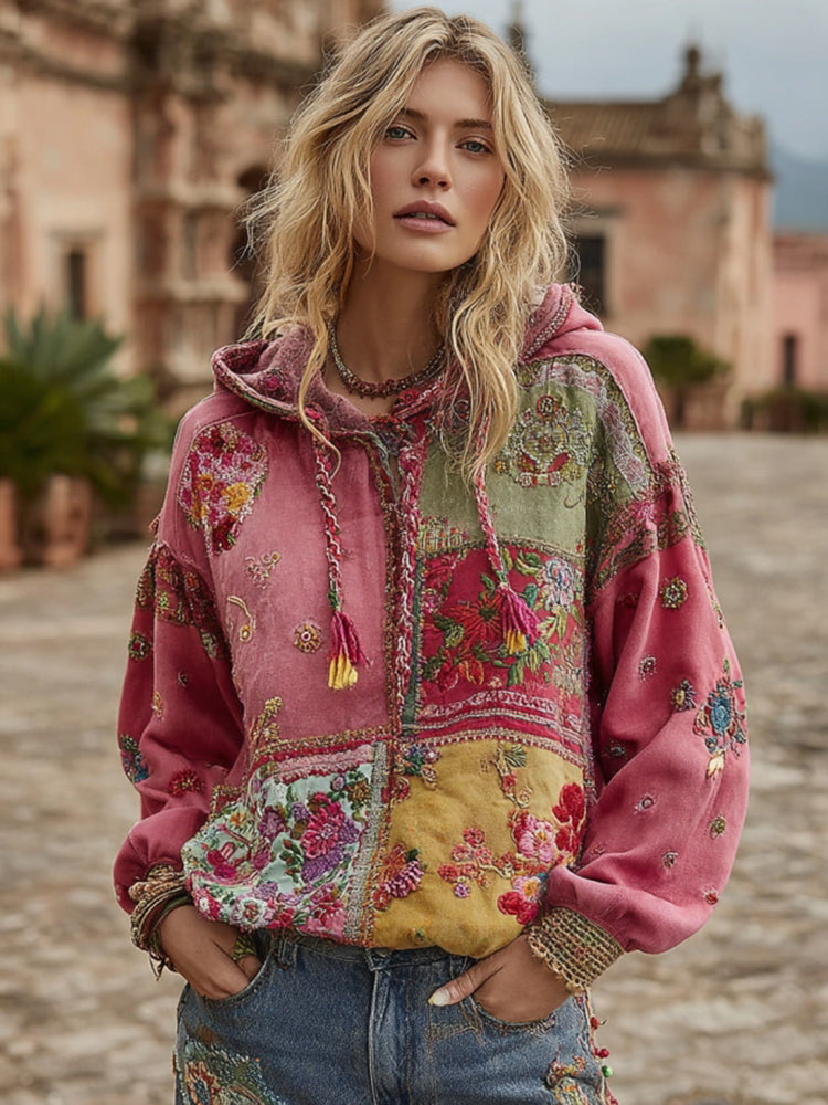 Women's Bohemian Floral Embroidery Art And Patchwork Casual Hoodie