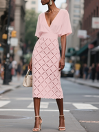 White Hollow Out Plaid Classic V Neck Short Sleeve Sheath Midi Dress