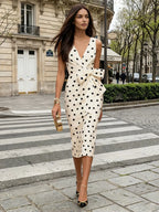 White Polka Dots Bow Classic V Neck Sleeveless Sheath Midi Dress