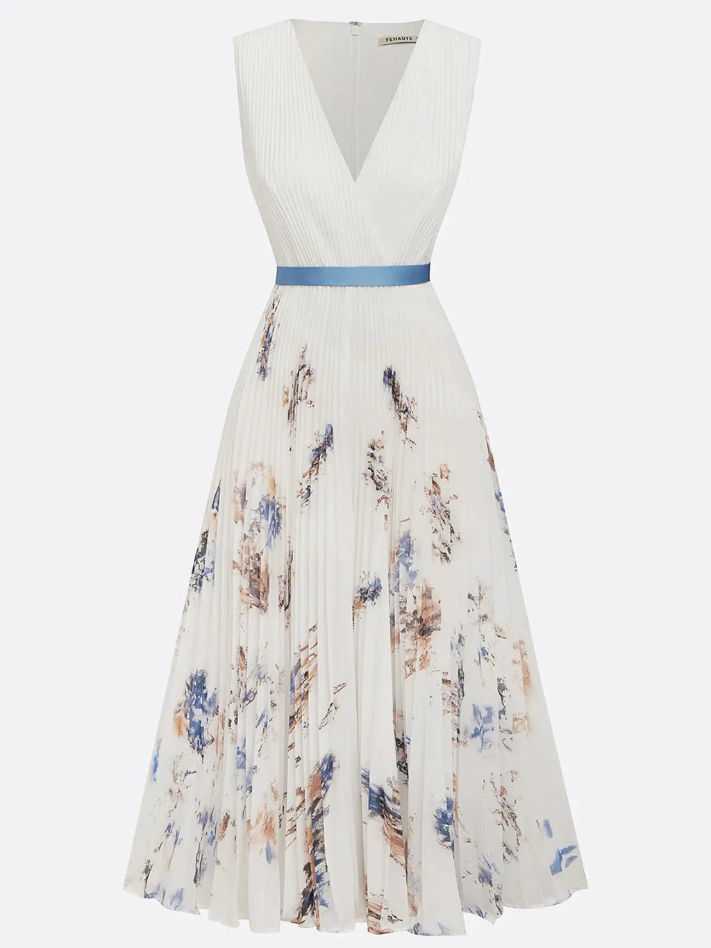White Pleated Floral Chiffon V Neck Sleeveless A-Line Midi Dress