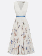 White Pleated Floral Chiffon V Neck Sleeveless A-Line Midi Dress