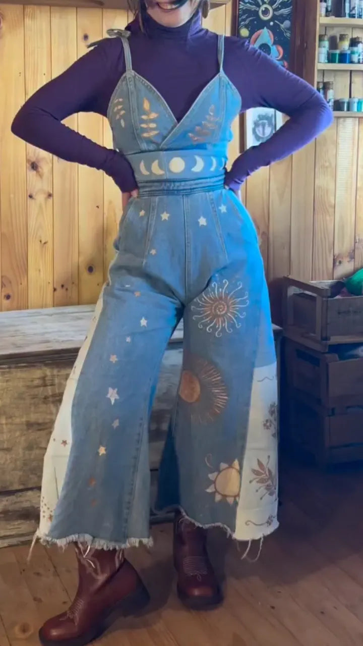 Denim Celestial Moon Star Print Spaghetti Strap Jumpsuit