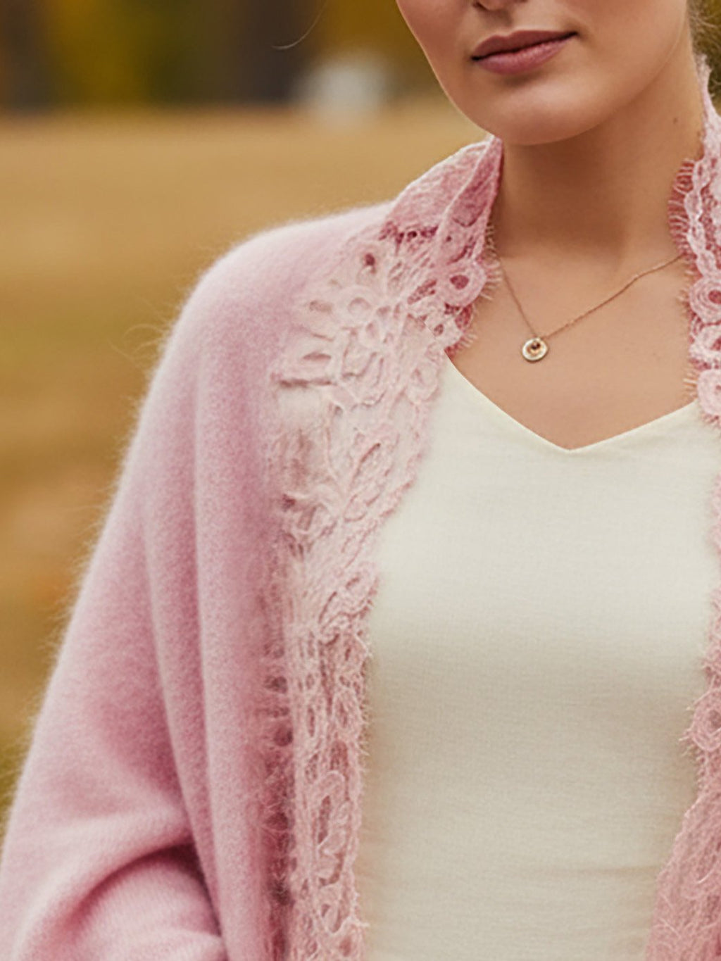 Cardigan (10% Cashmere & 90% Wool), Long Sleeves, V Neck, Plain, Lace, Vintage, Light Pink