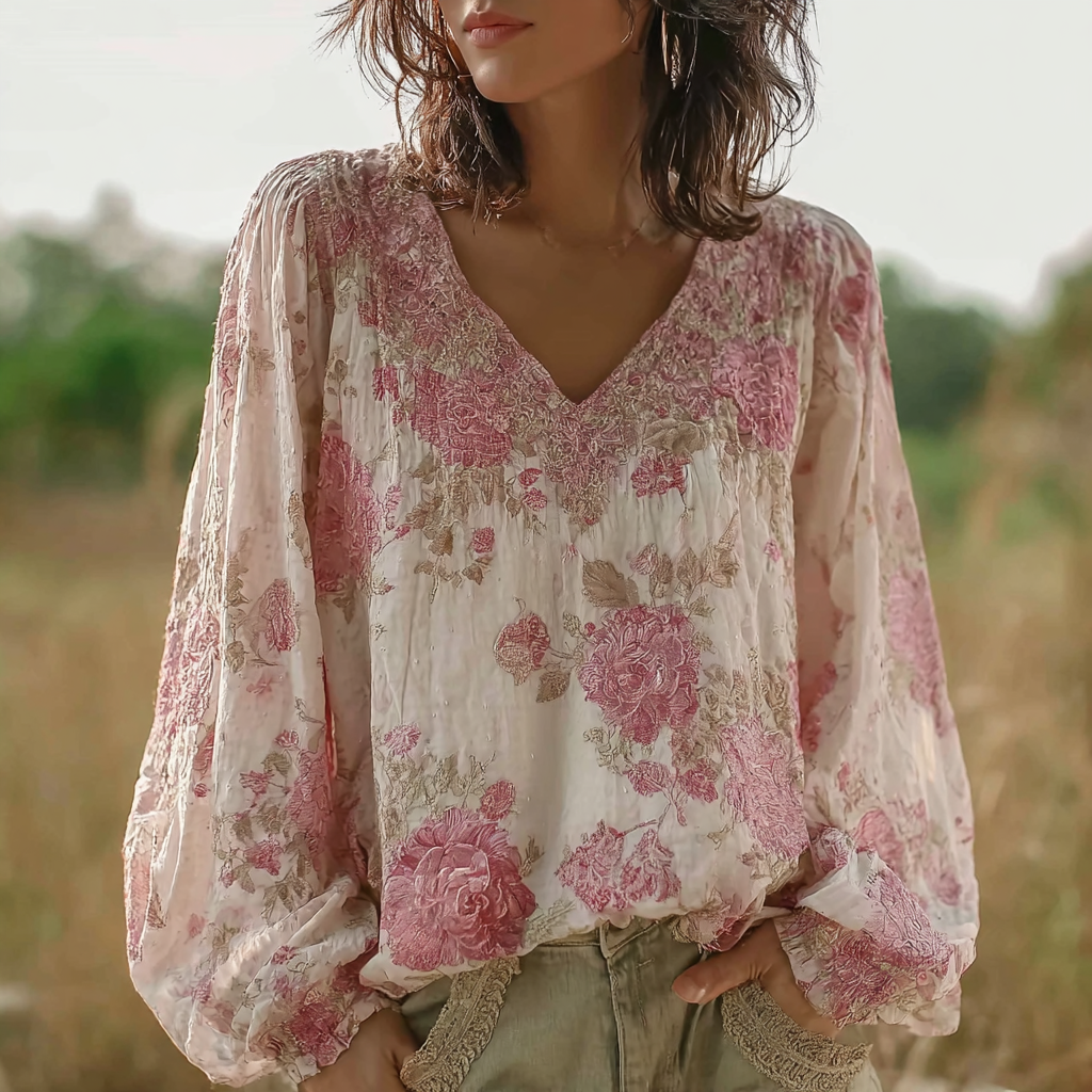 Bohemian Style Pink Floral Design V-neck Long-sleeve Top2