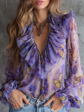 Purple Butterfly Print Sheer Ruffle Blouse With Plunge Neck