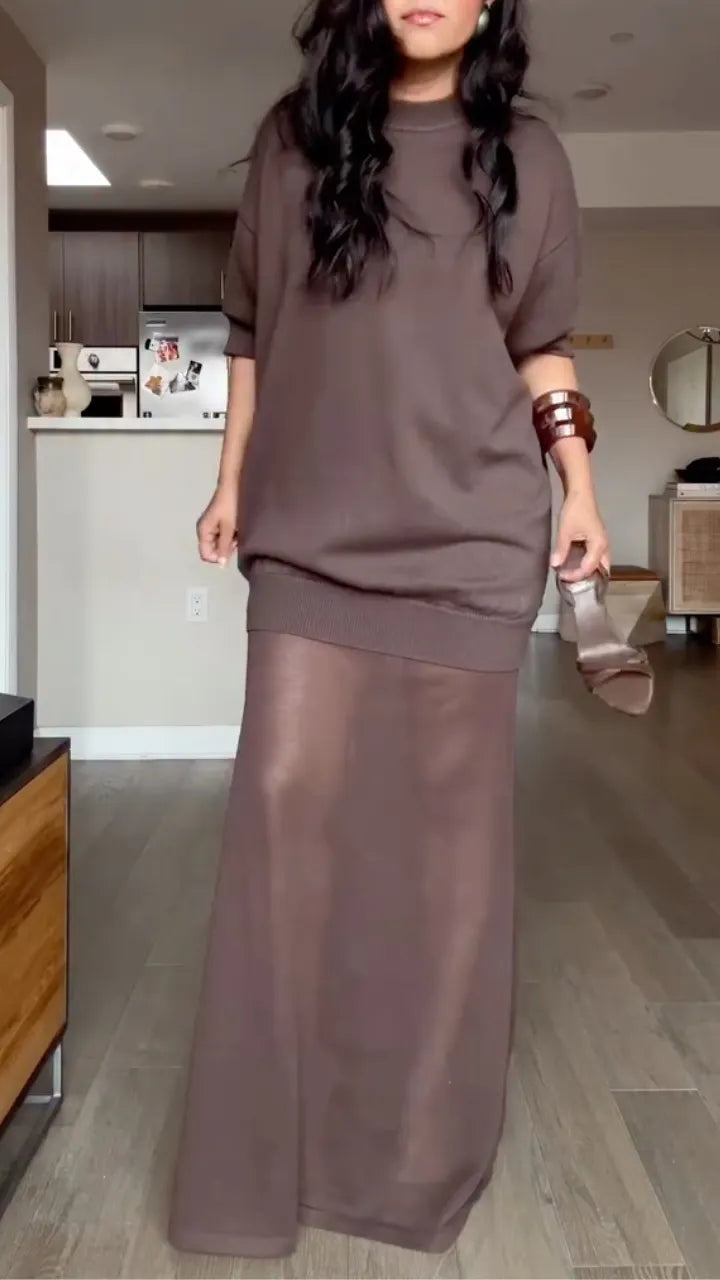 Women's Round-Neck Long Dress with Sheer Paneling