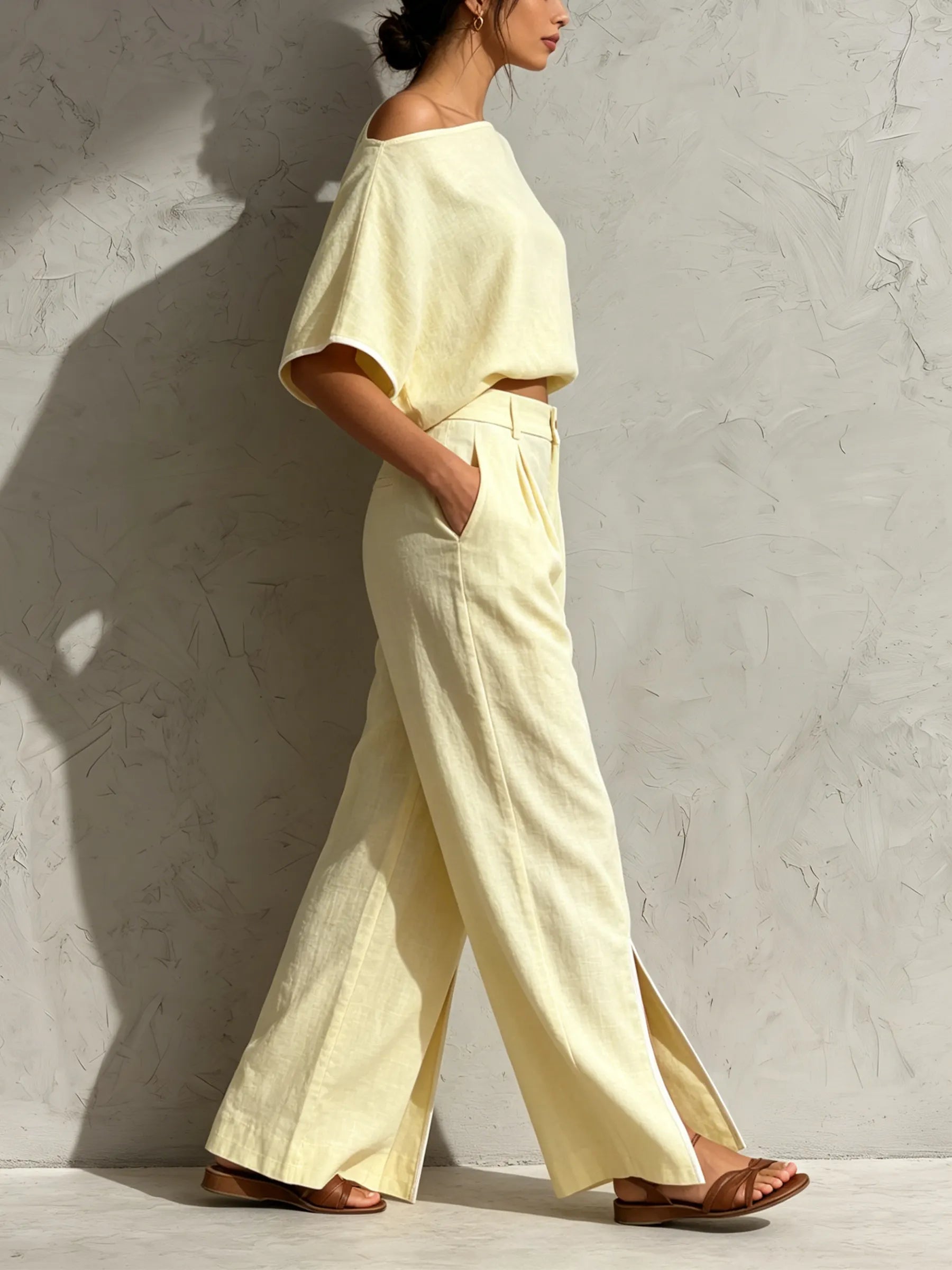 Butter Yellow Linen-Blend Off-Shoulder Top & Split Hem Wide-Leg Pants Set