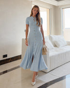 Hollow Knit Waist-Cinched Midi Dress