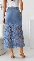 Light Wash Denim Floral Lace Midi Skirt