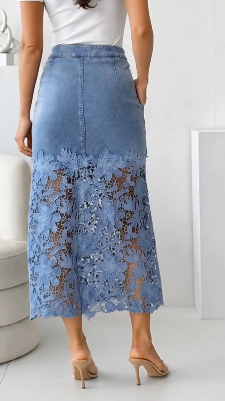 Light Wash Denim Floral Lace Midi Skirt