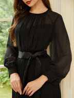 Black Pleated Mesh Chiffon Crew Neck Long Sleeve Balloon Sleeve A-Line Maxi Dress