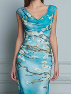 Draped Cowl Neck Floral Bodycon Maxi Dress