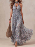 Bohemian Halter Smocked Floral Tiered Maxi Dress
