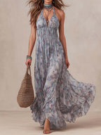 Bohemian Halter Smocked Floral Tiered Maxi Dress