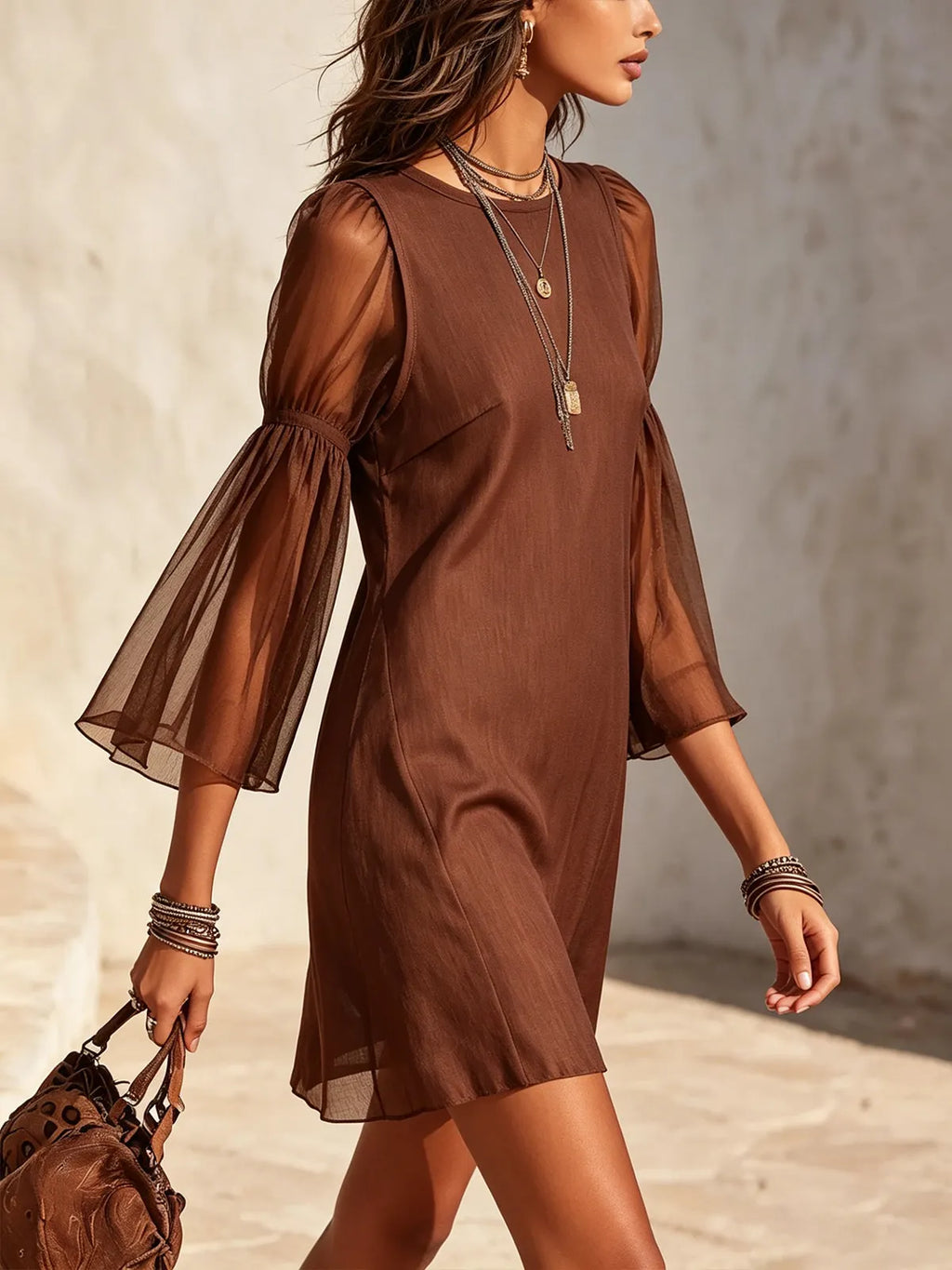 Brown Sheer Bell Sleeve Cotton-Linen Mini Dress