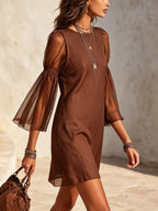 Brown Sheer Bell Sleeve Cotton-Linen Mini Dress
