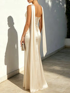 Off White Satin Strapless Sleeveless Sheath Floor-length Gown Dress