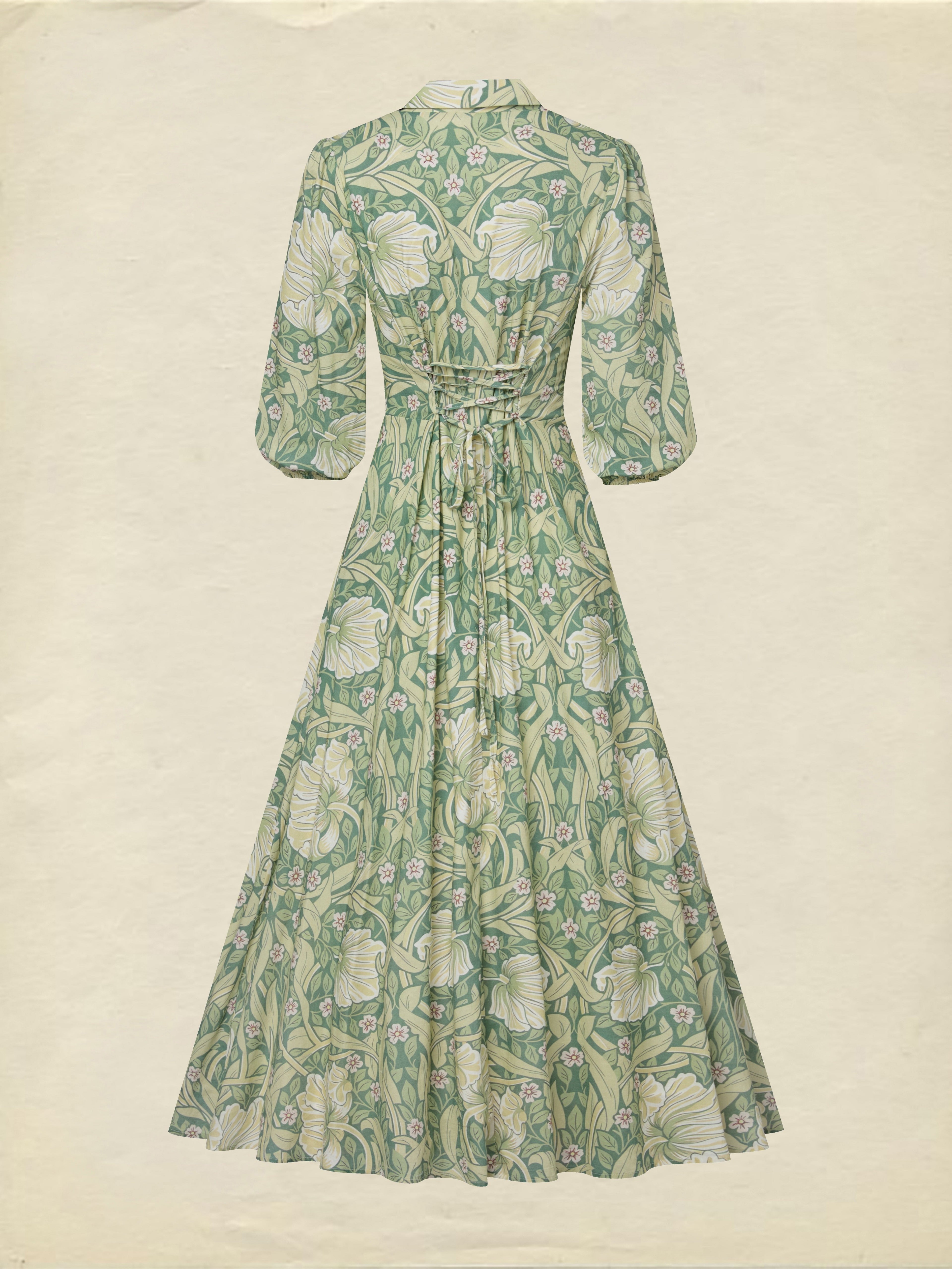 Maxi Linen Dress, Half Sleeve, Lapel Collar, Paisley, Button Design, Vacation, Vintage, Green