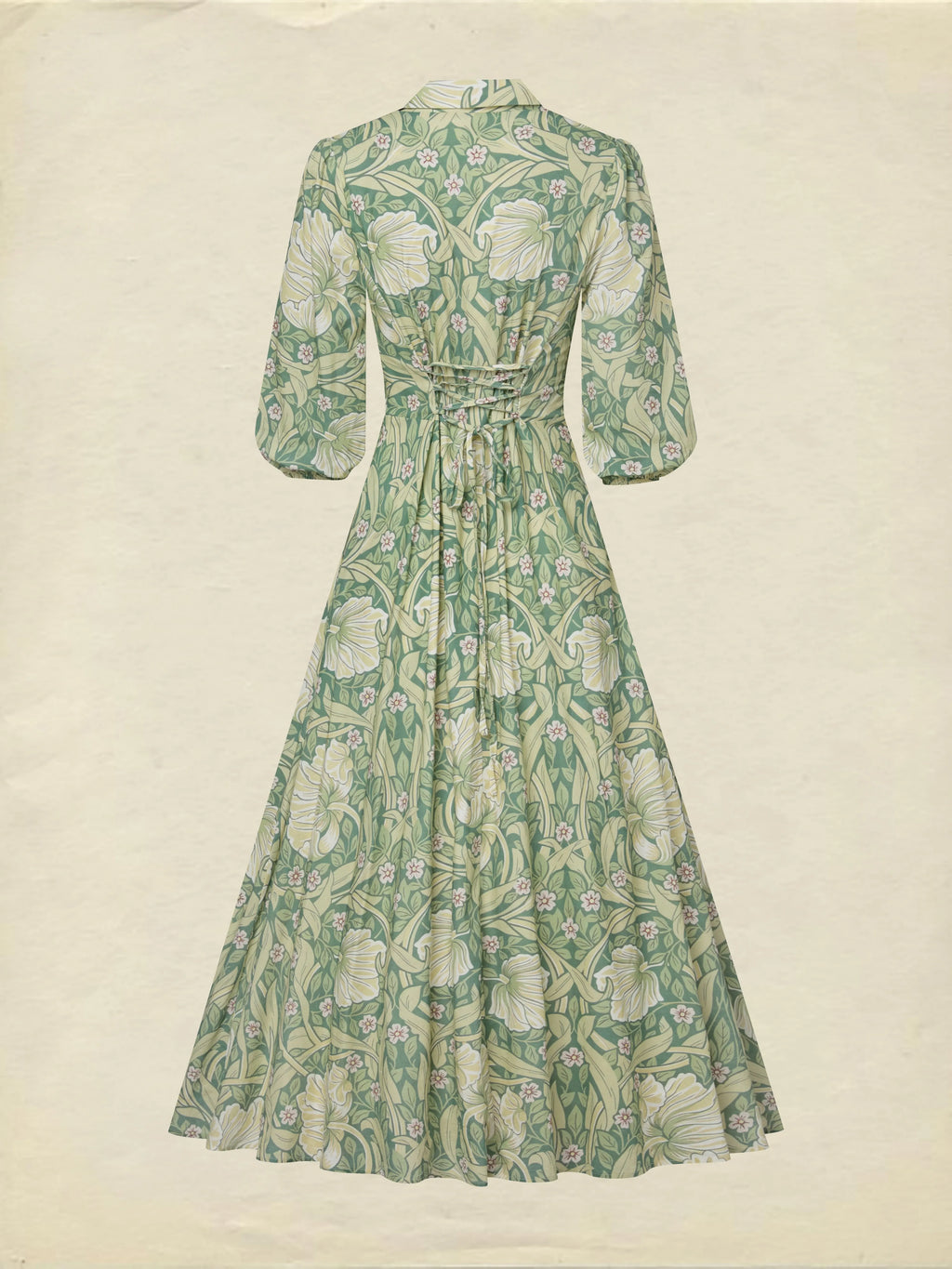 Maxi Linen Dress, Half Sleeve, Lapel Collar, Paisley, Button Design, Vacation, Vintage, Green