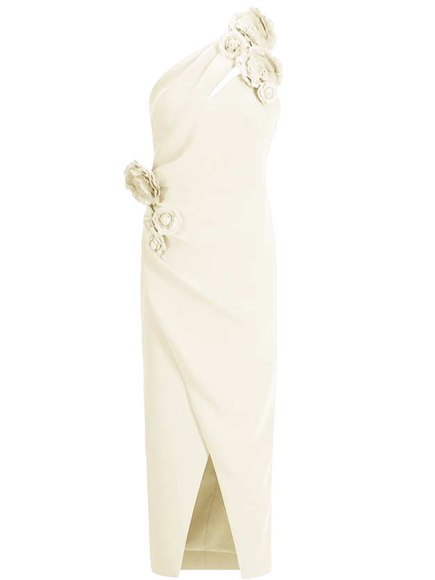 Red 3D Floral One-Shoulder Sheath Midi Dress