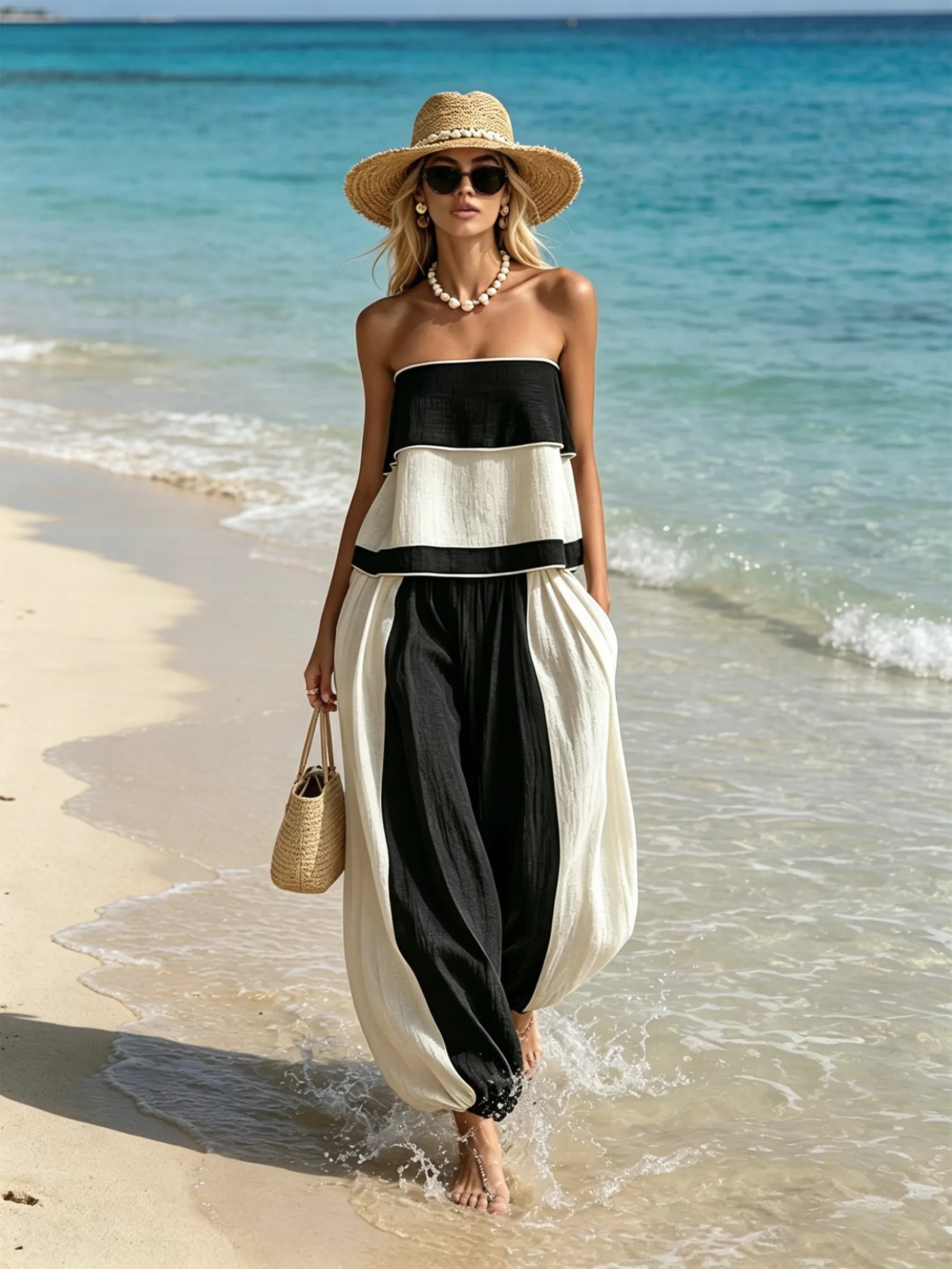 Black & White Color-Block Strapless Top & Balloon Pants Two-Piece Set